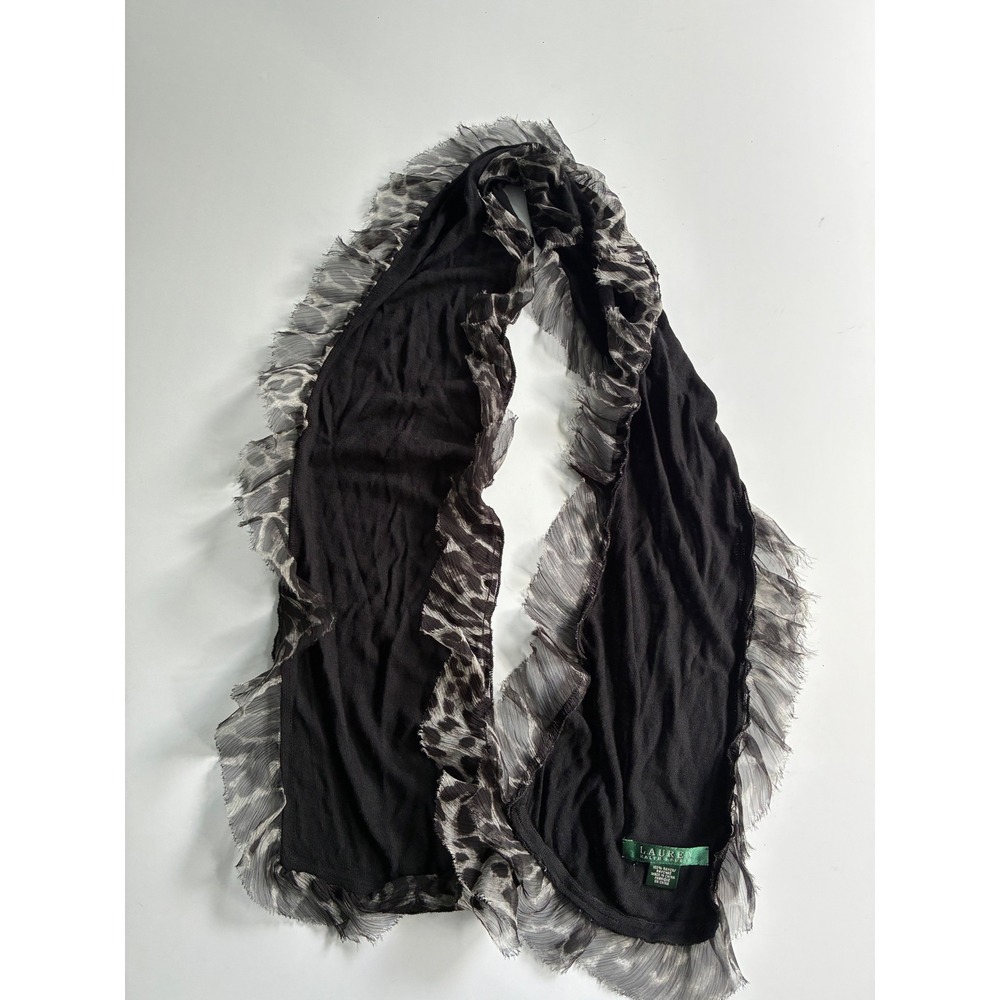 Lauren Ralph Lauren Black Rayon Scarf Grey Leopard Print Pleated Ruffle Trim
